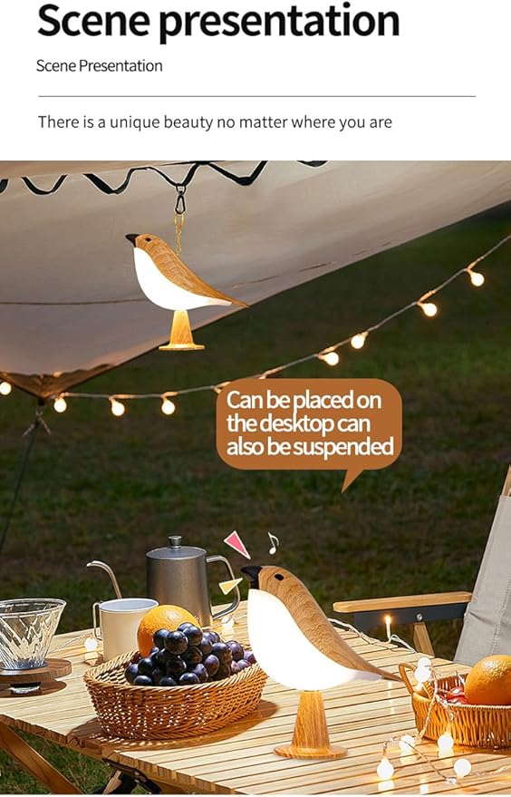 Remote controlled bird desk lamp with wood grain color, rechargeable small desk lamp with 3 color temperatures, remote control and touch sensor, capable of playing bird calls, built-in battery drive