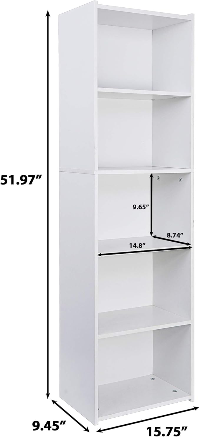 5 Tier Open Bookshelf, 52 Inch Bookcase Storage Rack for CDs Movies Book, Freestanding Wood Open Bookshelf for Living Room Bedroom Study Office, White