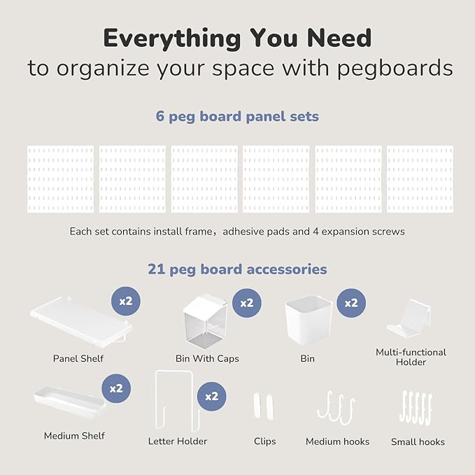 Keepo Peg Board Wall Organizer – Plastic Pegboard Panels, Modular Peg Board Storage System for Home Office, Craft Room, Gaming Setup (White, 33″×22″)