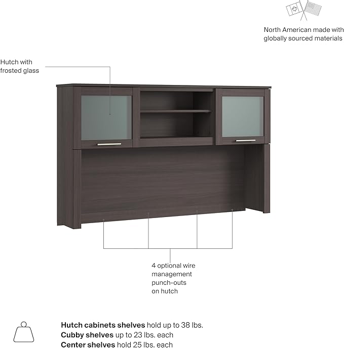 Bush Home 60-Inch Desk Hutch, Office Storage Organizer with Shelves, Cubbies and Frosted Glass Doors for Computer Desk, Home Office Furniture, Somerset Collection, Storm Gray