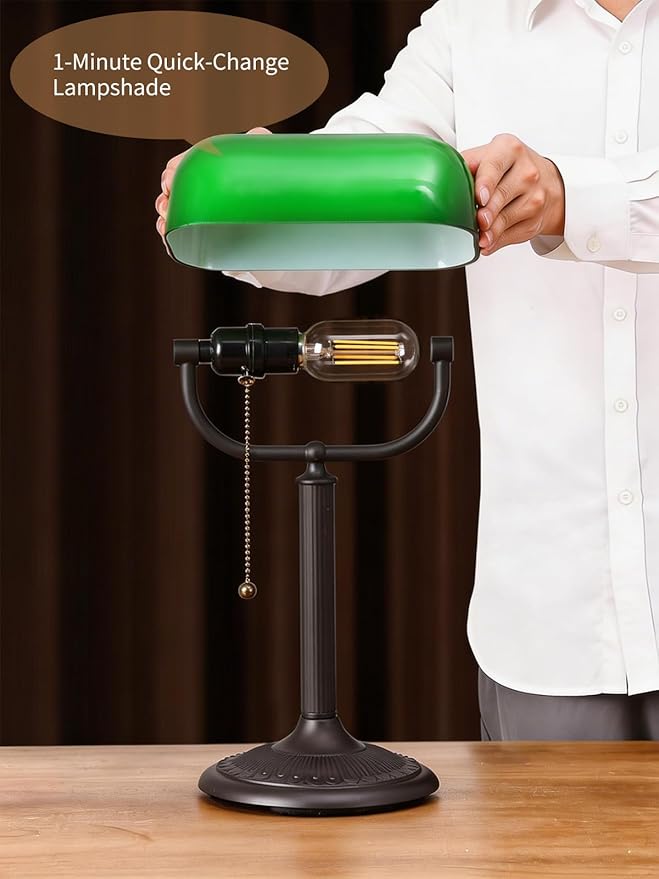 Newrays 1-Minute Quick-Change Shade Antique Green Glass Bankers Desk Lamp for Study, Office, Library,LED Bulb Included