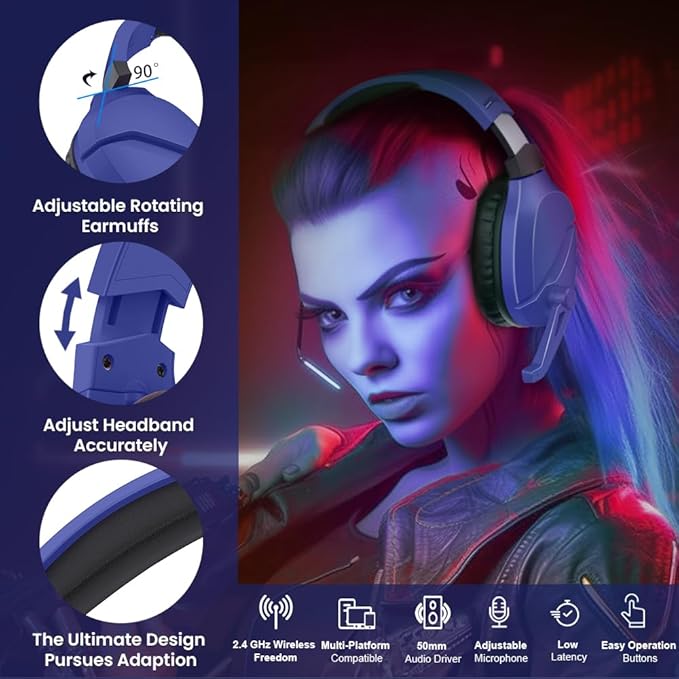 WolfLawS Wireless Gaming Headset with Noise Canceling Microphone for PS5, PC, PS4, 2.4G/Bluetooth Gaming Headphones with USB and Type-c Connector, Wired Mode for Controller - Navy Blue