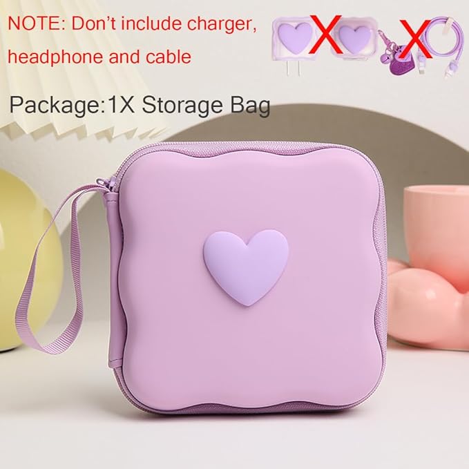 Charger Cover Storage Bag, Lovely 3D Love Heart Waves Design Charger Protector Travel Storage Case, Earphone Wire Saver Cable Cord Organizer Wireless Earphone Storage Box, Purple Love