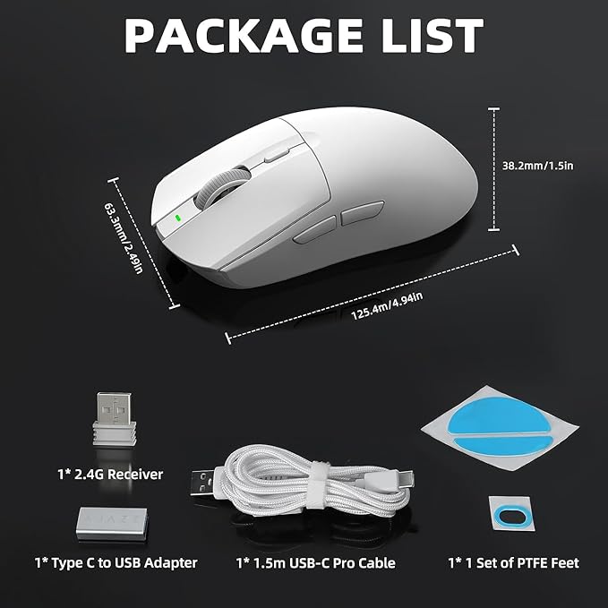 A.JAZZ AJ139 G Pro Wireless Gaming Mouse Ultra-lightweight 59g with Dual Mode-Type C Wired/2.4Ghz USB Receiver up to 26000DPI 6 Programmable Button Ergonomic Symmetric for PS4 XBox PC Mac Gamer(White)