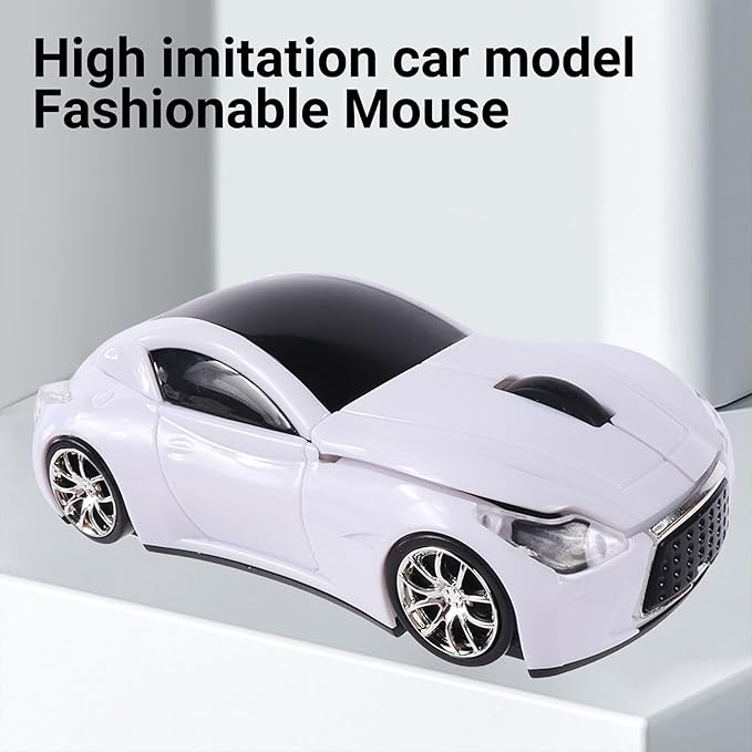 elec Space Wireless Mini Mouse with Case - Cute Sports Car Shape, Lightweight & Portable, 10m Range, Plug and Play (White)