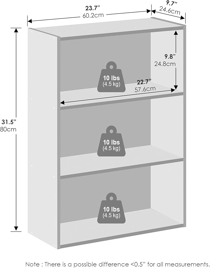 Furinno Simple Book Shelf, 3-Tier Bookshelf, Storage Shelves Bookcase, 9.7 x 23.7 x 31.5, for Living Room, Bedroom, Home Office, Sonoma Oak