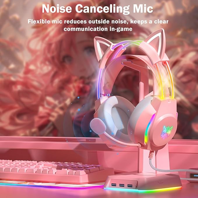 Gaming Headset with Microphone, Cat Ear Headphones for PC Laptop PS4 PS5 Xbox Switch, Rainbow RGB Lighting & Virtual Surround Sound, 3.5mm Wired Over Ear Headphones, Ergonomic