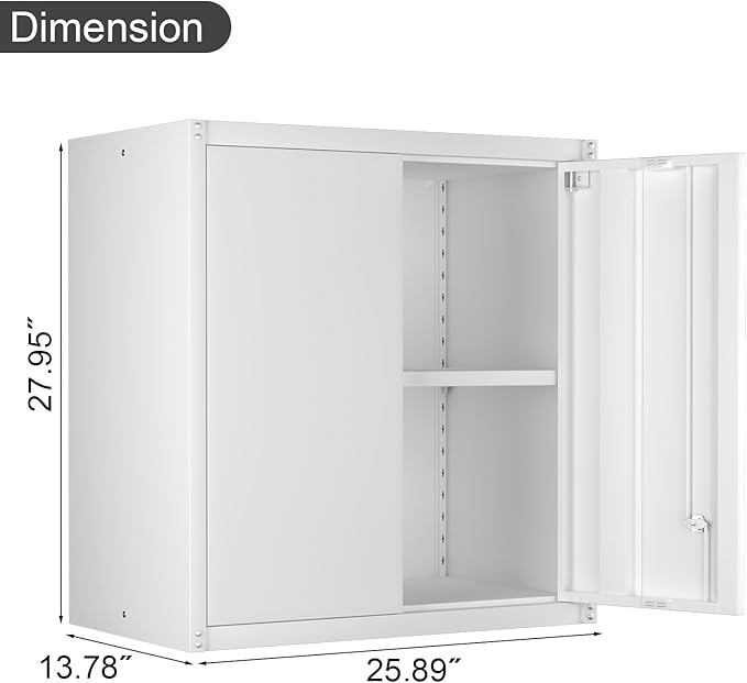 IRONFFICE Wall Cabinet,Metal Wall Cabinet for Garage with Lock,Metal Locking Storage Cabinet with Adjustable Shelf for Kitchen,Home Office,White