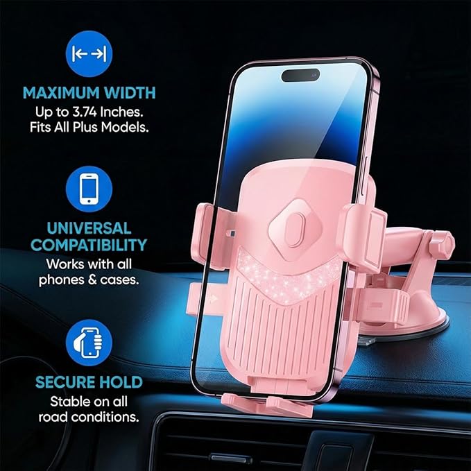 Car Phone Holder, 360° Adjustable Strongest Suction Vehicle Dashboard Windshield Cell Phone Stand with Hook Clip, Automotive Air Vent Smartphones Mount, Universal Fit (Pink)
