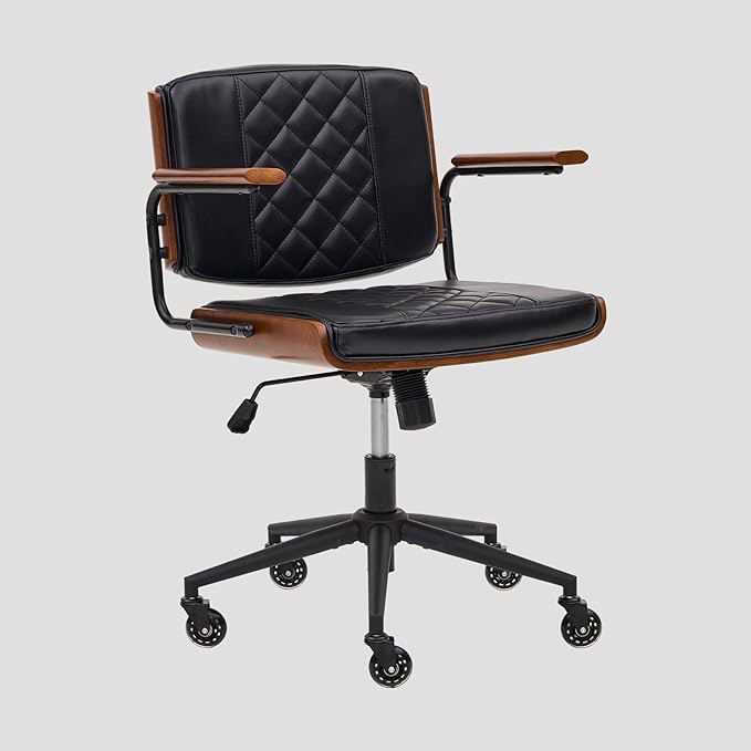 Home Office Desk Chair with Rubber Wheels, Adjustable Height Office Chair with Arms, Leather Mid Back 360° Small Computer Chair, Modern Walnut Chair for Office, Reading Meeting Room (Black)