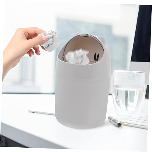 Alipis Cute Cartoon Bear Desktop Trash Can Lid Mini Waste Bin for Bedroom and Office Slim Plastic Garbage Container