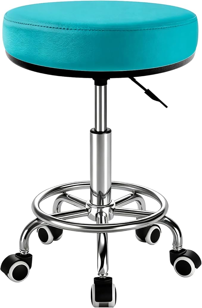Heavy Duty Round Rolling Stool 500lb, PU Leather 360-degree Support Full-Edge Cover Layer Drafting Chair with Wheels, Height Adjustable Swivel Stool with Footrest, 5-min Easy Assembly (Blue)