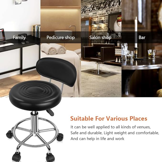 KKTONER PU Leather Modern Rolling Stool with Low Back Height Adjustable Work Salon Drafting Swivel Task Chair with Footrest (Black)