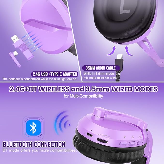 WolfLawS Wireless Gaming Headset with Noise Canceling Microphone for PS5, PC, PS4, 2.4G/Bluetooth Gaming Headphones with USB and Type-c Connector, Wired Mode for Controller (Purple)