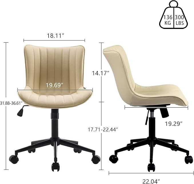 YOUNIKE Beige Office Desk Chair with Wheels Swivel Comfy Armless Vanity Chair with Back Modern Leather Upholstered Rolling Computer Task Chair Small Cute Drafting Sewing Chair No Arms Adjustable