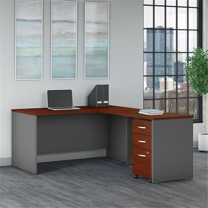 Pemberly Row Set of 2 5-Shelf Bookcase with Doors & L-Shaped Desk with Drawers