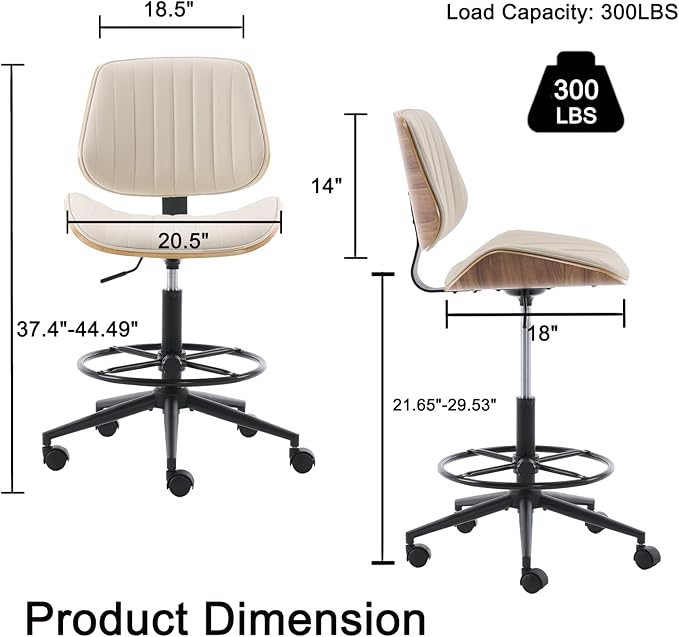 Drafting Home Office Chair, Swivel Desk Chair with Bend Wood Backrest, Ergonomic Office Chairs with Adjustable Height and Footrest Ring for Bar Lab Counter Height Desk and Drawing (Ivory)