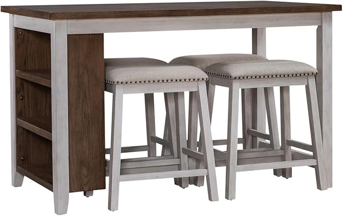 Liberty Furniture Brook Creek 5 Piece Counter Height Bookcase Table - Kitchen Dining Set Transitional 4 Upholstered Saddle Stools - White & Wood Tone Tops