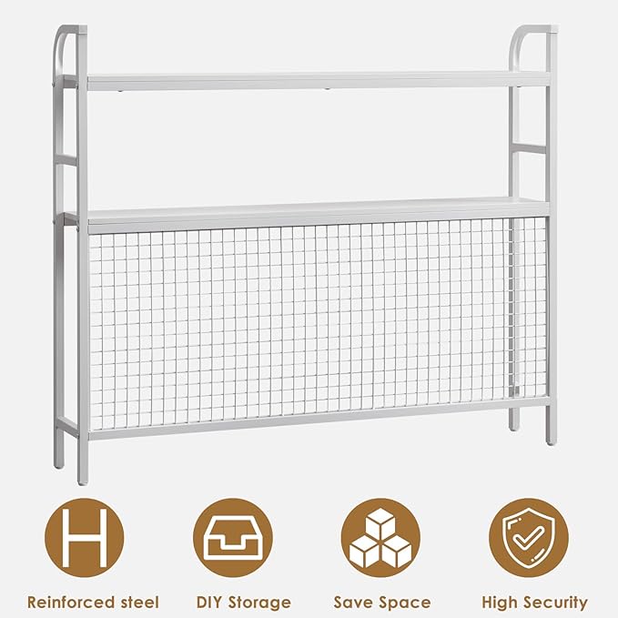 Desktop Hutch Shelf Organizer, 2-Tier Metal & MDF Desk Bookshelf with Grid Panel and Hooks for Office & Dorm (White, 45.3")
