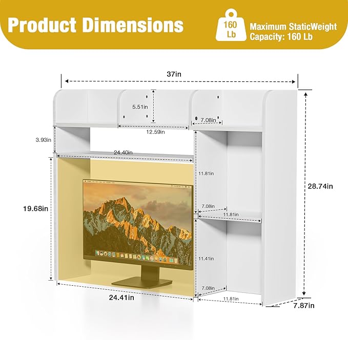 YGYQZ Desktop Bookshelf, White Desk Hutch with 6 Shelves for Computer Desk, Multipurpose Wood Desk Shelf Storage Organizer for Dorm Office Home