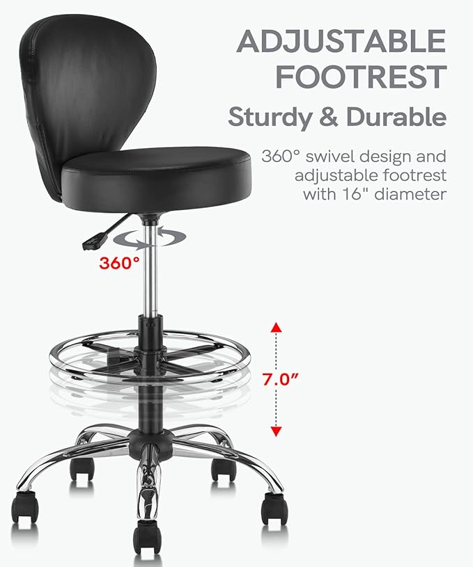 KLASIKA PVC Faux Leather Drafting Chair Set of 4 Rolling Swivel Salon Stool with Back Foot Rest Adjustable Hydraulic Seat Height 30 Inch Diameter 15 in Lumbar Support for Massage Facial Spa 4 Pack