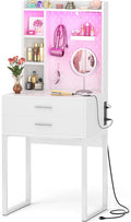 Besiost Small Vanity Desk with Hutch and Drawers, White Makeup Vanity Desk with Charging Station, Vanity Table Dressing Table with LED Lights, Vanity Desk No Mirror with Pegboard for Girls Women, 24"