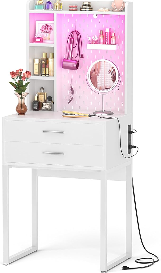 Besiost Small Vanity Desk with Hutch and Drawers, White Makeup Vanity Desk with Charging Station, Vanity Table Dressing Table with LED Lights, Vanity Desk No Mirror with Pegboard for Girls Women, 24"