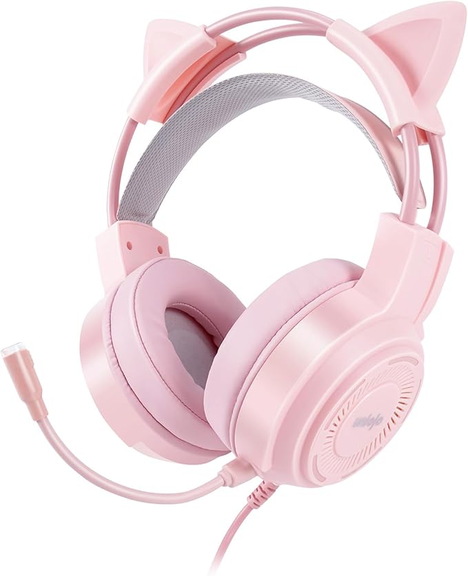 Upgraded Pink Gaming Headset for PS4, PS5, Xbox One, PC, Switch, Laptop, Mobile – Cat Ears, Noise-Canceling Mic, 7.1 Surround Sound, LED Light, Soft Memory Earmuffs for Ultimate Comfort