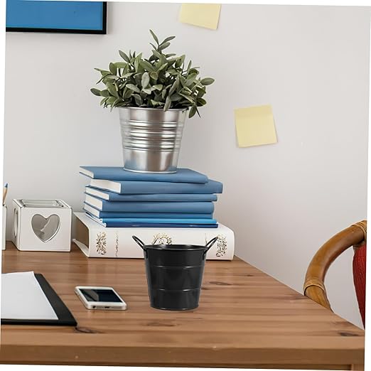 Angoily Mini Iron Trash Can Set Lid Decorative Desktop Wastebasket for Office and Home Compact Black Rubbish Bin for Bedroom Slim Storage Bucket Handle