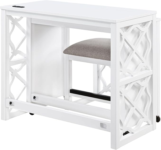 Desks and Stool Set 3pc White Finish Rolling Desk with Casters, 2 Charging Ports Home Office Furniture(White)