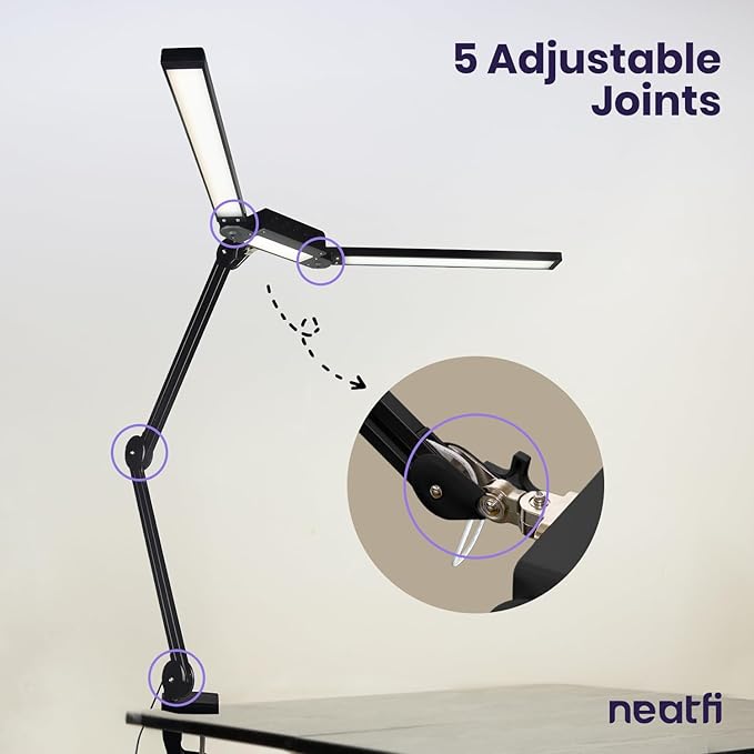 Neatfi LED Desk Lamp | 3,000 Lumens | Dimmable 30W Desk Light | 360 SMD LEDs | CRI 95 | Adjustable Color Temperature | Task Lamp for Home, Office, or Workbench (Black, 41-Inch, CCT with Clamp)