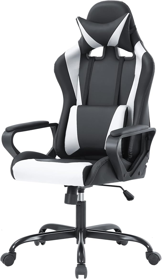PayLessHere Ergonomic Racing Desk Chair Gaming Chair Computer Chair with Armrests 360° Swivel & Caster Pu Desk Task Chair Executive Headrest Lumbar Support for Back Pain Women Men and Adults (White)