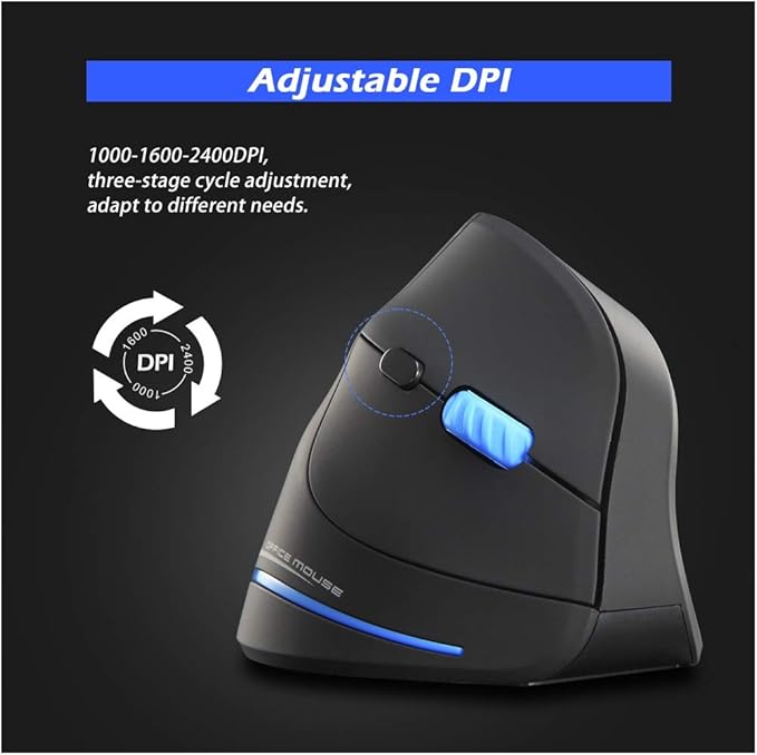 ZLOT Vertical Wireless Mouse,2.4G USB Optical Ergonomic Mice with 3 Adjustable DPI 1000/1600/2400 and 6 Buttons for Laptop, PC, Computer, Desktop, Black