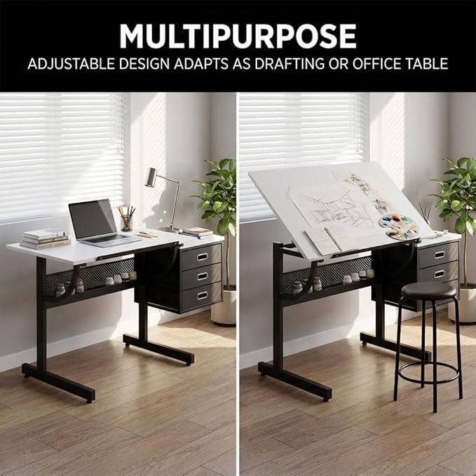 Drafting Table with Storage, Adjustable Art Desk & Art Table with Stool, 0-75° Tilting Top, 3 Drawers for Diamond Painting, Architecture, Animation, Office (Adults & Teens) (White)