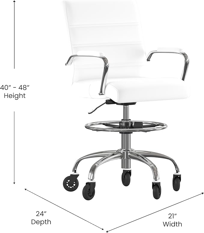 Flash Furniture Lexi Mid-Back Drafting Chair with Adjustable Foot Ring - White LeatherSoft Upholstery - Chrome Base - Roller Wheels