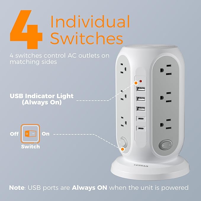 TESSAN Tower Power Strip with Individual Switches, Surge Protector with 12 Outlets, 5 USB Ports(2 USB C), Flat Extension Cord 10 Ft, 1250W, Charging Station for Multiple Devices, Office, Dorm, Grey