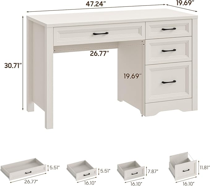 Vabches Farmhouse Executive Desk with Storage and Ample File Drawer, Rustic Large Home Writing Desk for Bedroom, Pure White