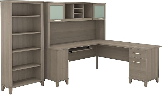 Bush Home Somerset 72W L Shaped Desk with Hutch and 5 Shelf Bookcase in Ash Gray