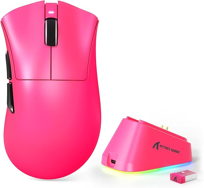 MAMBASNAKE ATTACK SHARK V3 PRO 62g Superlight Wireless Gaming Mouse,RGB Magnetic Charging Dock,BK52820 Tri-Mode BT/2.4G Wireless/Wired Mouse,25000DPI,500mAh,5 Programmable Buttons for Pc/Mac,Berry Red