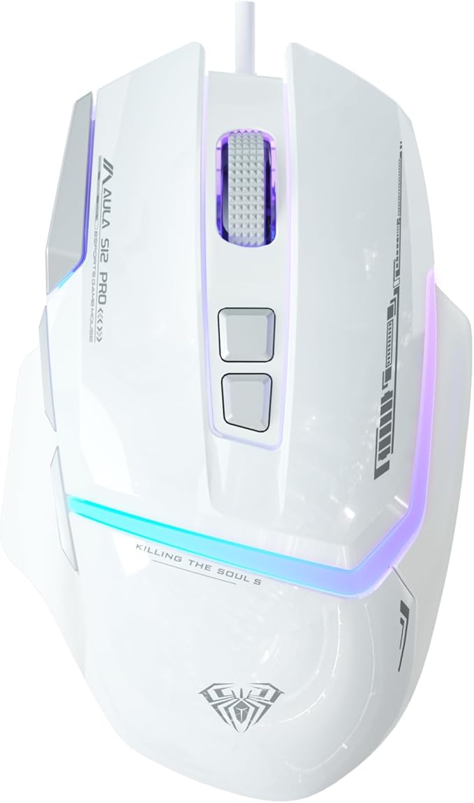 AULA S12Pro White Wired Gaming Mouse,12800 DPI Optical Gamer Mouse with RGB Backlit,8 Programmable Buttons,Software Supports DIY Keybinds Rapid Fire Button