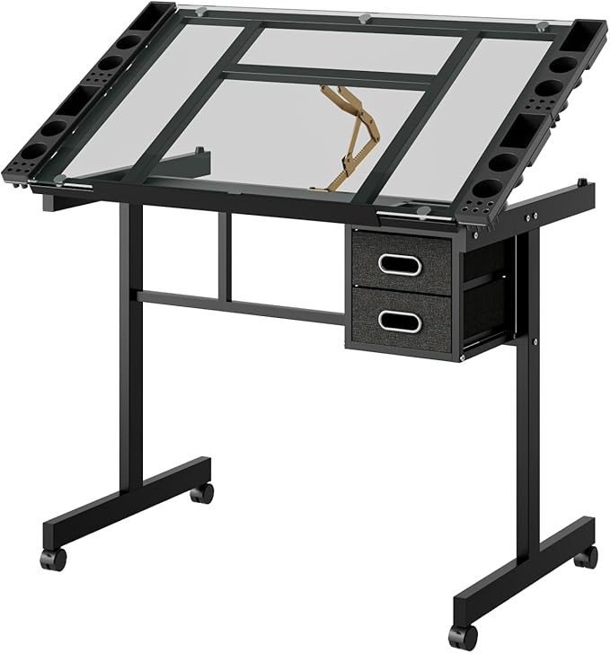 Rolling Drafting Table on Wheels, Painting Table Art Craft Desk Crafting Table with Tilting Transparent Tempered Glass Top, 2 Fabric Storage Drawers and 4 Wheels (Black)