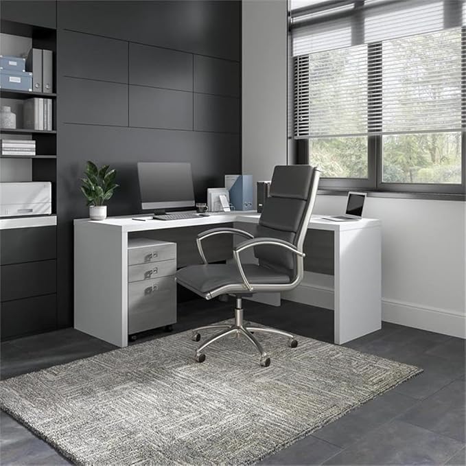 Bush Business Furniture Echo L Shaped Desk with Mobile File Cabinet in Pure White and Modern Gray, Modern Corner Table with Drawers for Home or Professional Office