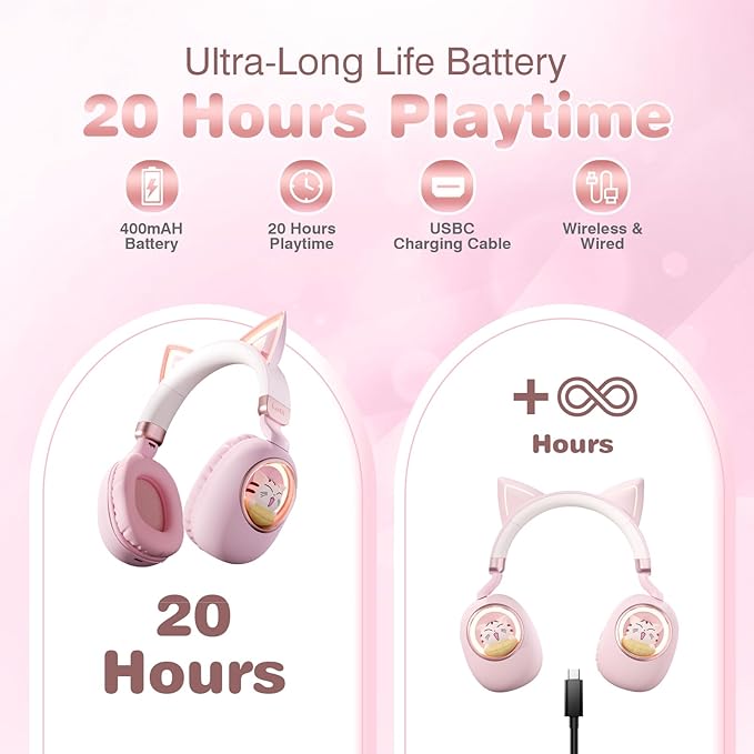 Xmenha Pink Cat Ear Headphones for Kids, Cute Children Girl Wireless Bluetooth Headphones for School, Kindergarten Light up Kawaii Kitty Noise Cancelling Headphones for Kids Teens Child Airplane