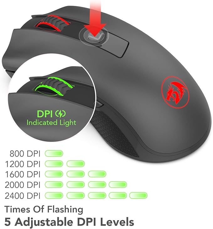 Redragon M652 Optical 2.4G Wireless Mouse with USB Receiver, Portable Gaming & Office Mice, 5 Adjustable DPI Levels, 6 Buttons for Desktop, MacBook, Notebook, PC, Laptop, Computer