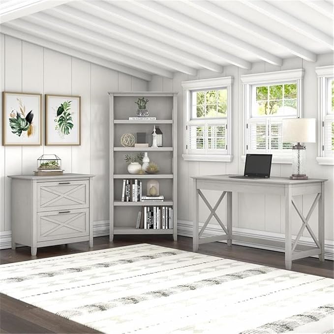 Pemberly Row Engineered Wood Writing Desk, 48W x 24D, with 2-Drawer Lateral File Cabinet and 5-Shelf Bookcase, Linen White Oak Finish, Coastal Farmhouse Style Home Office Furniture Set