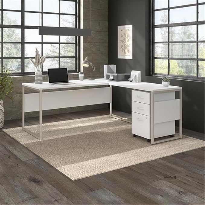 Bush Business Furniture Hybrid 72W x 30D L Shaped Table Desk with Mobile File Cabinet in White