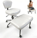 Meditation Chair with Footrest, 360° Swivel Height Adjustable Criss Cross Chair, White PU Padded Wide Seat, Home Office Desk Chair for Reading, Yoga, Peaceful Living