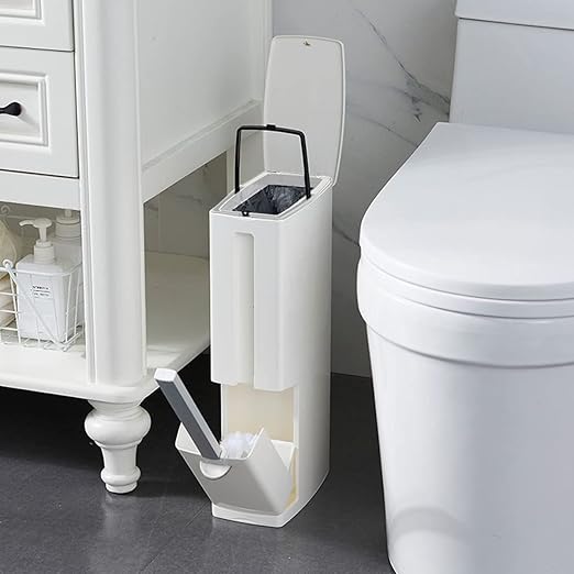 Slim Bathroom Trash Cans with Lid 4.4 Inches Wide/0.7 Gallons(3 Liters),Small Narrow Lidded Bathroom Trash Can with Toilet Brush for RV Camper,Tiny Garbage Can Rv Accessories for Inside(White)