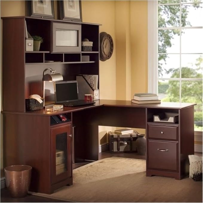 Pemberly Row Transitional Engineered Wood L Shaped Computer Desk with Hutch, Harvest Cherry Finish, Built-in Wire Management, Storage Cabinet, File Drawer, Home Office Desk with Open and Closed