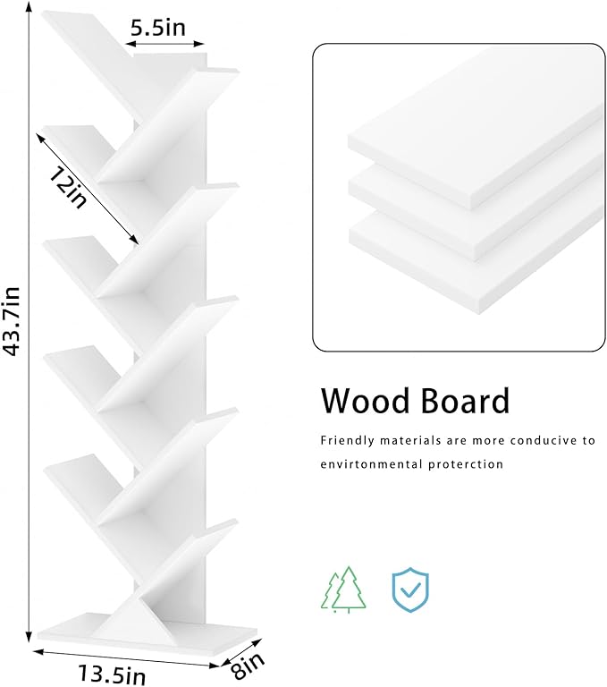 SHEEPAM 10 Tier Tree Book Shelf, Floor Standing Wood Bookshelf for Narrow Space, Storage Organizer Bookshelves for Books/CDs/Magazine, Bookcase with Shelves for Home Office, Living Room - White